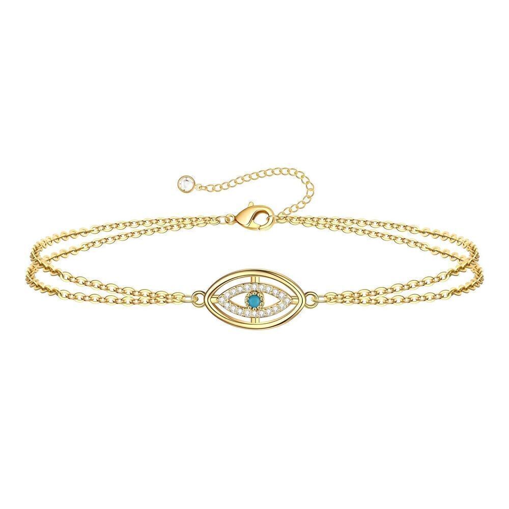 18K Gold Plated Women's Evil Eye Bracelet with Center Faux Stone Waterproof